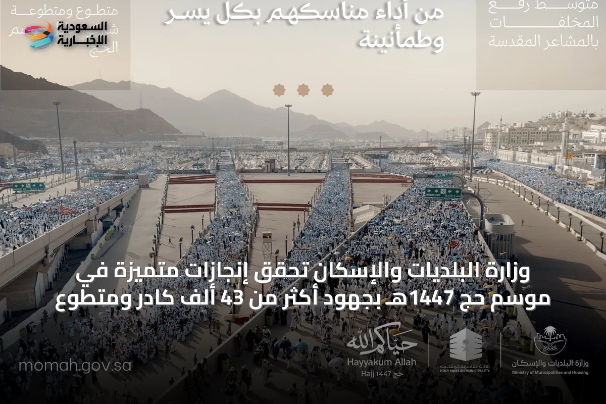 وزارة البلديات والإسكان تُحقق إنجازات متميزة في موسم حج 1447هـ بجهود أكثر من 43 ألف كادر ومتطوع