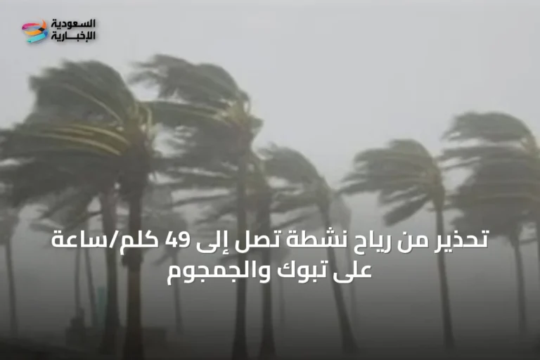 تحذير من رياح نشطة تصل إلى 49 كلم/ساعة على تبوك والجمجوم