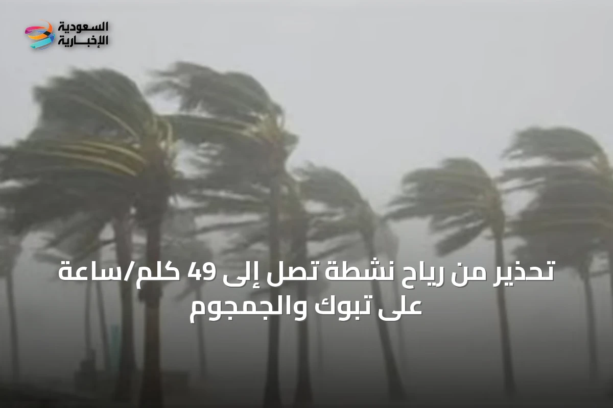 تحذير من رياح نشطة تصل إلى 49 كلم/ساعة على تبوك والجمجوم
