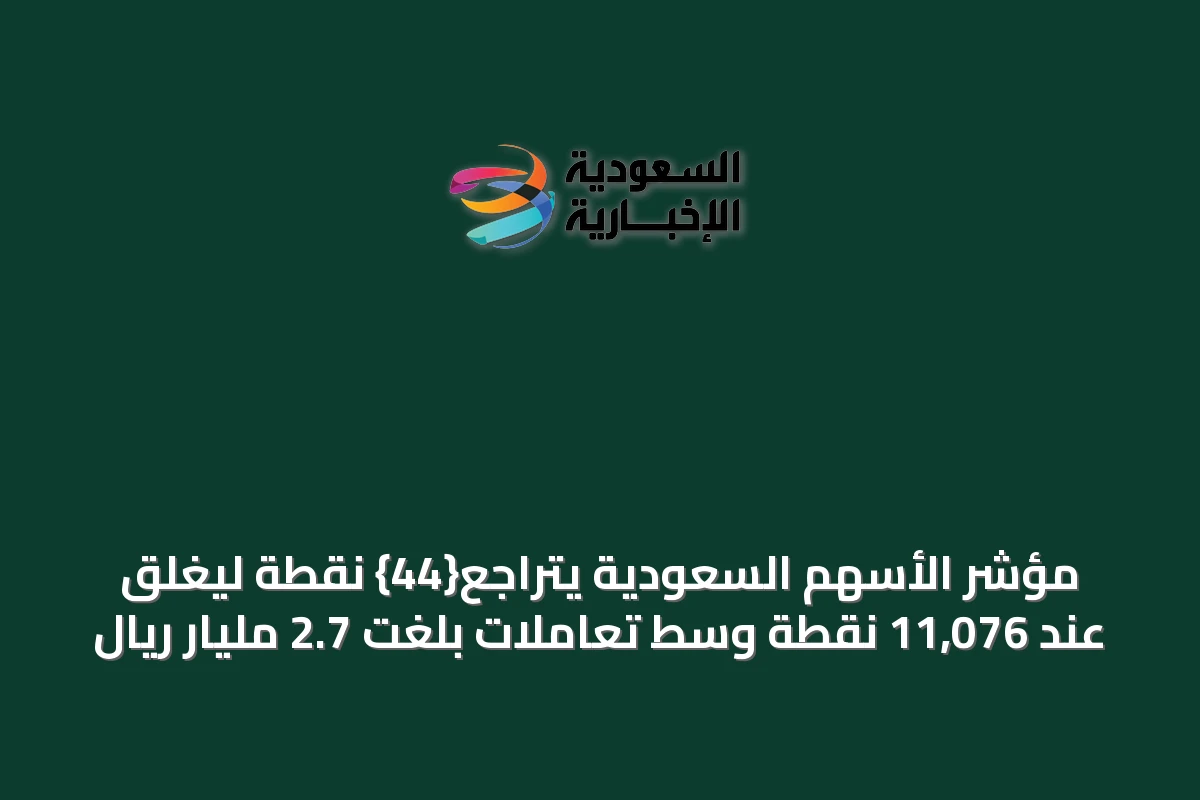 مؤشر الأسهم السعودية يتراجع{44} نقطة ليغلق عند 11,076 نقطة وسط تعاملات بلغت 2.7 مليار ريال