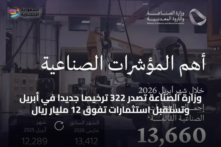وزارة الصناعة تصدر 322 ترخيصًا جديدًا في أبريل وتستقبل استثمارات تفوق 12 مليار ريال