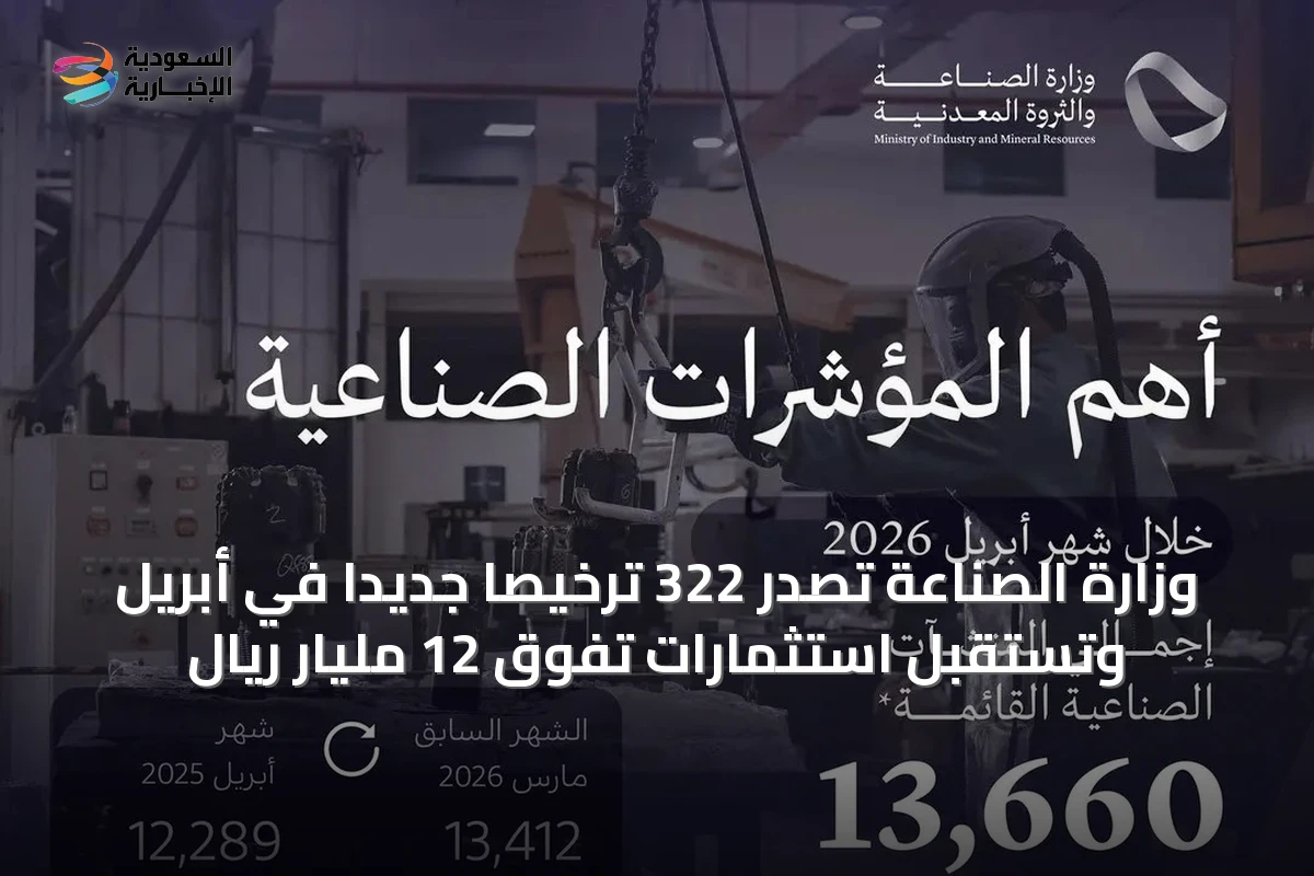 وزارة الصناعة تصدر 322 ترخيصًا جديدًا في أبريل وتستقبل استثمارات تفوق 12 مليار ريال