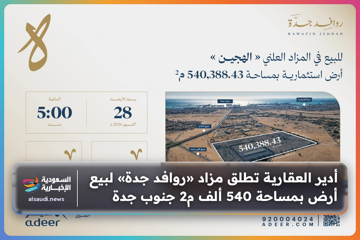 أدير العقارية تطلق مزاد «روافد جدة» لبيع أرض بمساحة 540 ألف م2 جنوب جدة