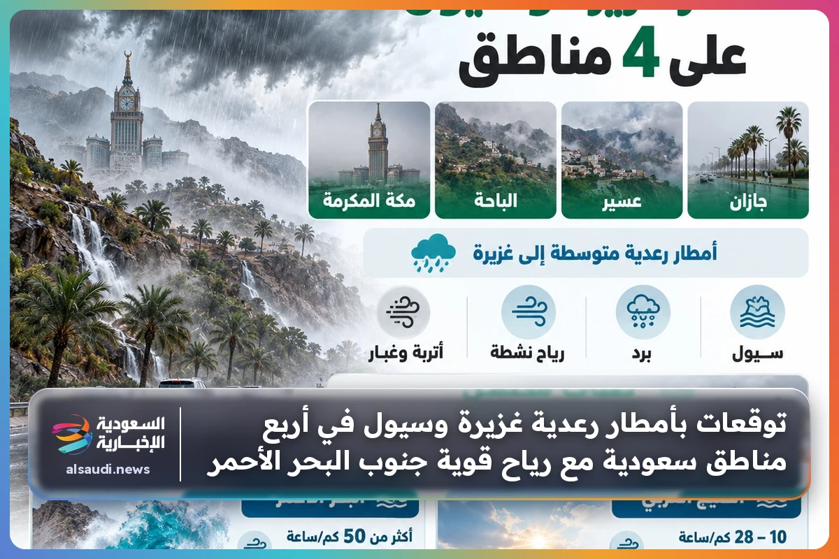 توقعات بأمطار رعدية غزيرة وسيول في أربع مناطق سعودية مع رياح قوية جنوب البحر الأحمر