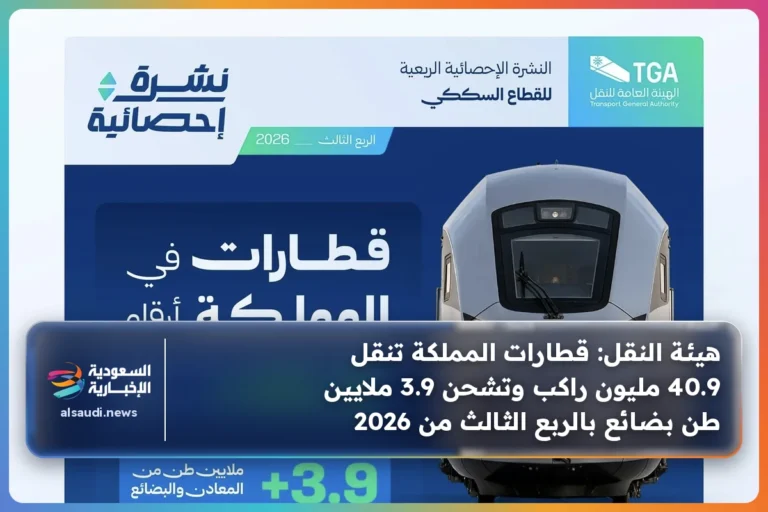 هيئة النقل: قطارات المملكة تنقل 40.9 مليون راكب وتشحن 3.9 ملايين طن بضائع بالربع الثالث من 2026