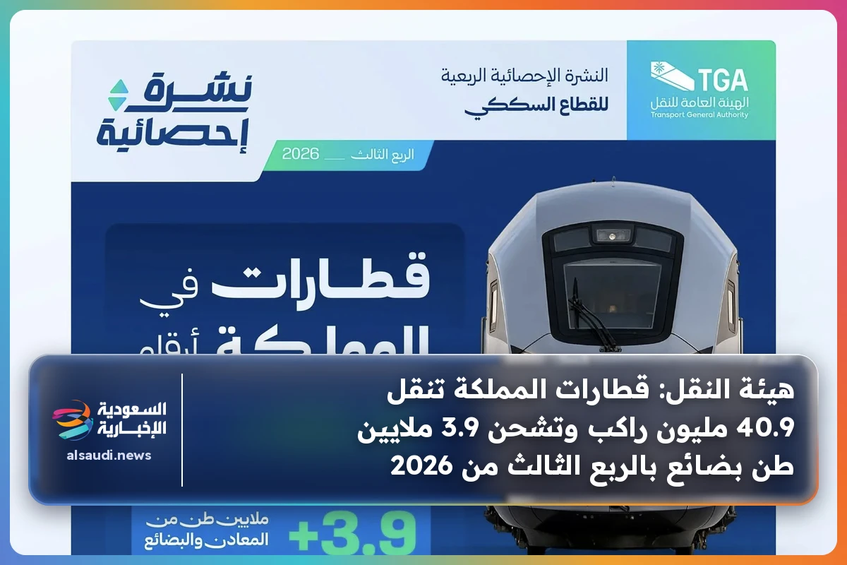 هيئة النقل: قطارات المملكة تنقل 40.9 مليون راكب وتشحن 3.9 ملايين طن بضائع بالربع الثالث من 2026
